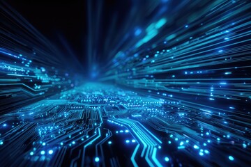 An abstract depiction of a glowing digital circuit board, conveying speed and connection