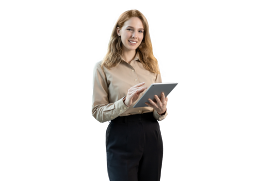 Young elegant business woman standing with digital tablet on a transparent background
