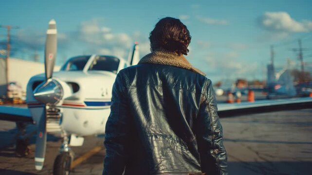 A man approaches a small aircraft parked at an airfield under a clear blue sky in the afternoon