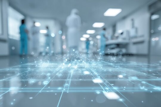 Blurry view of medical professionals in a modern hospital with digital grid overlay