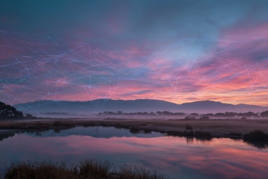 colorful morning horizon over river surrounded by digital mesh pattern concept of innovation, environmental data, and harmony between modern technology and organic world