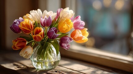 Vibrant assortment of multi-colored spring blossoms sits in a clear vase near a window