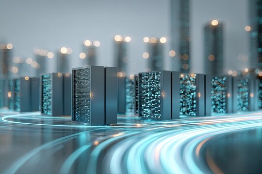 Futuristic server racks, interconnected, with luminous trails and glowing lights