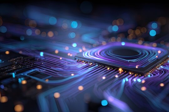 A close-up of a CPU with colorful circuits and a blurry bokeh effect in the background