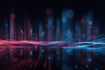 Abstract digital landscape with glowing red and blue lines and blurred bokeh effects