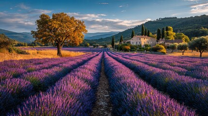 Extensive rows of purple blossoms stretch toward distant buildings nestled among rolling hills.