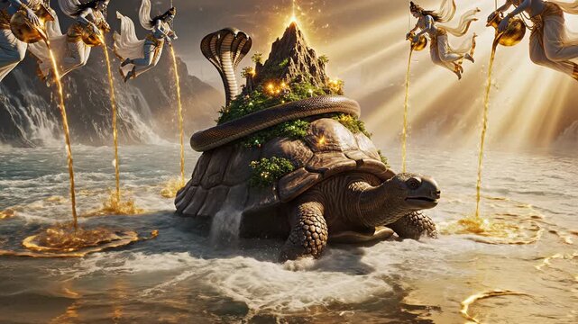 Kurma Avatar Divine Illustration of Vishnu as Tortoise in Ocean of Milk, Gods Pouring Nectar, Churning of the Ocean