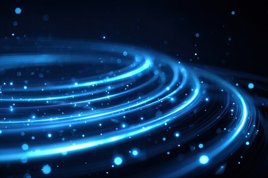 Abstract digital design with glowing blue light trails and bokeh against a dark background