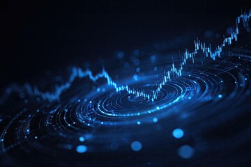 Dynamic blue data visualization. Ascending line graph over concentric glowing rings. Abstract futuristic concept