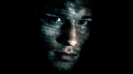 Close up portrait of a person s face illuminated by projected digital text and patterns in darkness