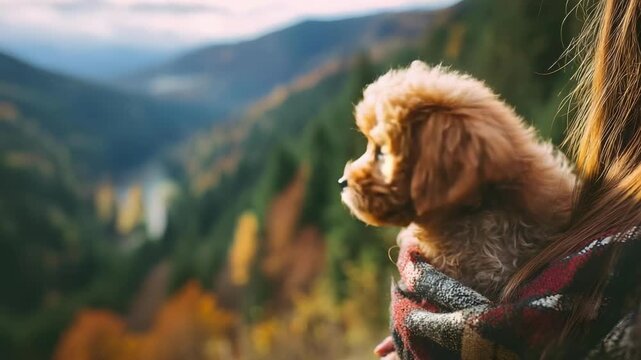 A fluffy brown puppy in a plaid blanket held against an autumn mountain landscape.