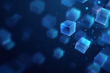 Abstract digital composition featuring glowing blue translucent cubes floating on a dark blue backdrop