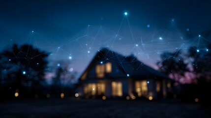 Fototapeta premium A modern smart home illuminated at night overlaid with a luminous abstract digital network connecting points of light