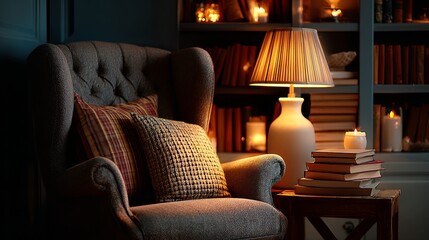 Cozy reading nook features upholstered armchair beside stacked books and illuminated lamps