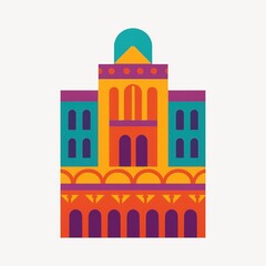 Colorful geometric building illustration.