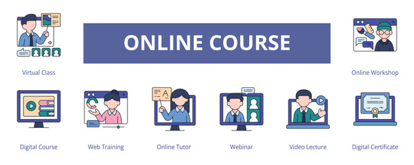 Online Course Lineal Color Banner Web Icon Set Vector Illustration