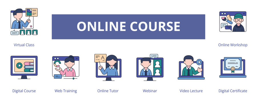 Online Course Lineal Color Banner Web Icon Set Vector Illustration