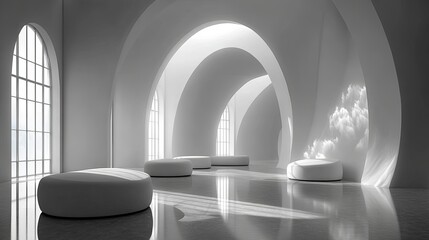 Serene contemporary interior space features stark white minimalist architecture with soft, rounded seating elements