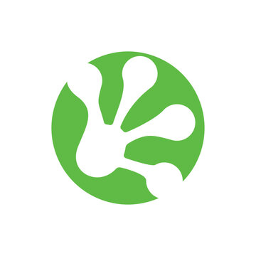 Stylized white frog or gecko footprint graphic within a vibrant green circle on a clean white background.