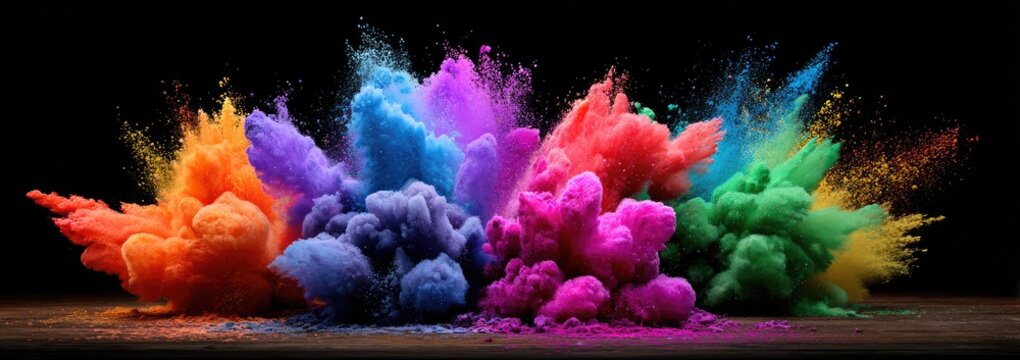 Colorful powder explosions on a dark surface