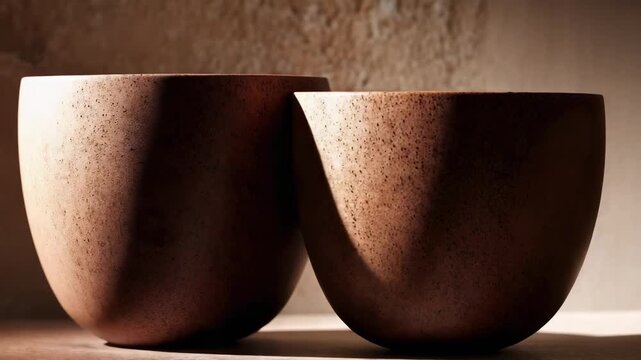 Two speckled brown ceramic cups sit side by side on a wooden surface, lit by warm, soft light.