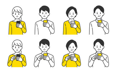 スマホを持つ･操作する若い･中年男女のセット【人物ベクターイラスト素材】