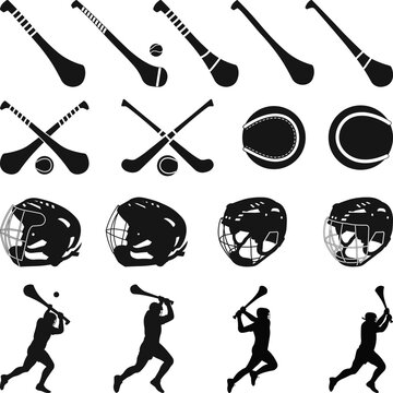 Hurling Sticks and Ball Icon, Hurling and Camogie Sports Equipment Helmets and Player Silhouettes