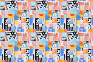 Dynamic seamless pattern with contemporary abstract geometric and linear motifs. Versatile for women's summer dresses, scarves, and skirts, creating a striking and fashionable statement