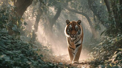 Majestic feline predator strides directly toward the viewer through a sunlit, misty jungle path