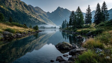 Serene alpine lake reflects steep, tree-lined mountains shrouded in morning mist