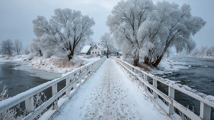 Wooden footbridge covered with frost leads toward small houses near a partially frozen river during winter