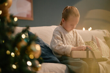 Caucasian child sitting on sofa unwrapping gift box near decorated Christmas tree, focusing...