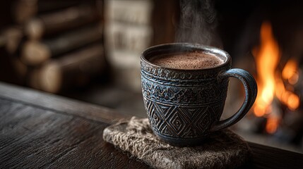 Steaming beverage rests on woven material before a warm fireplace