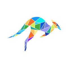 A vibrant, abstract kangaroo illustration composed of numerous colorful geometric shapes, depicting the animal in a dynamic jumping pose.