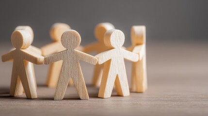 Community support event collaboration among individuals indoor space wooden figurines close-up view connection and unity concept
