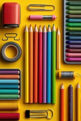 Flat lay of colorful school supplies arranged on a vibrant yellow background
