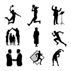 Collection of silhouettes representing sports family graduation music and business