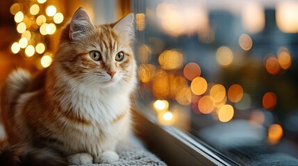 Fluffy orange and white feline gazes thoughtfully near a window with warm holiday lights