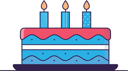 Three lit candles on a blue and pink layered birthday cake vector template celebration food