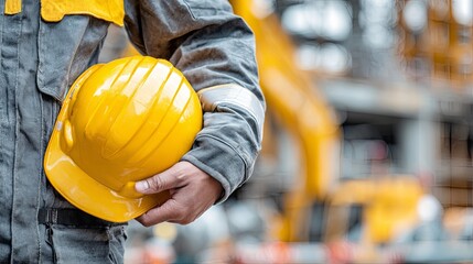 Construction worker holds bright yellow protective headgear in industrial setting