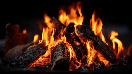 Intense orange flames intensely burn dark pieces of firewood against a dark background