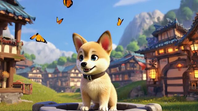 Little cartoon red dog puppy plays with butterfly in countryside.