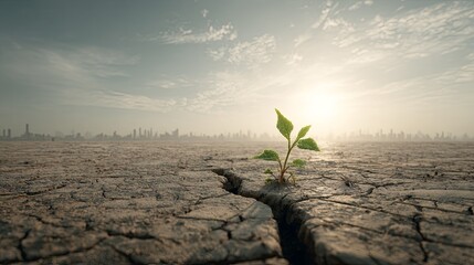 Single green seedling emerges from deep crack in arid, sunlit terrain with distant cityscape