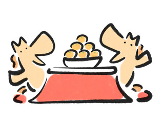 こたつでくつろぐ笑顔の2頭の馬　みかん・墨絵・冬