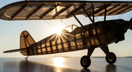 Sunlight Shines Through Vintage Biplane Model at Sunset
