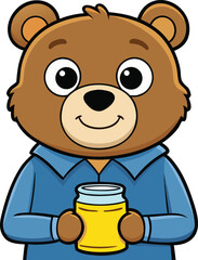 Cartoon bear wearing blue shirt holding jar of honey with happy expression vector template animal