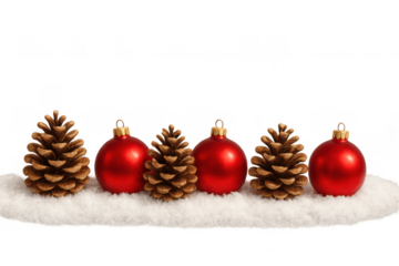 Pine cones and red christmas ornaments arranging on snow line, symbolizing winter holidays and festive season