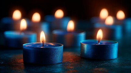 Multiple deep blue tea lights illuminate a dark surface with warm glowing flames