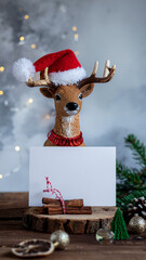 santa claus reindeer holding a blank sign vertical design art vertical