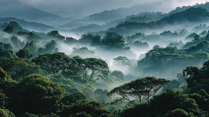 Dense jungle canopy stretches across rolling hills shrouded in atmospheric morning mist
